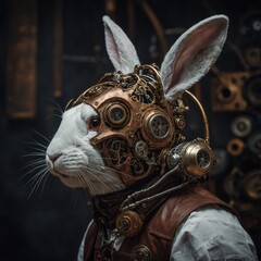 Sketch a steampunk rabbit with mechanical ears.