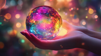 A woman’s hands holding a glowing crystal ball filled with vibrant colors, symbolizing hope, self-care, and healing