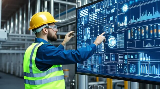 Innovation in Action: An engineer meticulously monitors and interacts with a complex digital interface, demonstrating the power of technology in an industrial setting.