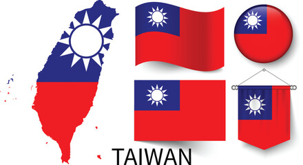The different designs of Taiwan's national flags and the map showing Taiwan's borders