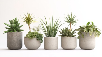 Obraz premium Modern houseplant arrangement, six contemporary cement vessels, diverse desert plants and palms, geometric cylindrical containers, soft neutral grey pots, pristine white backdrop, professional studio