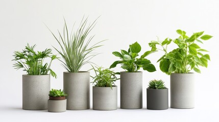 Obraz premium Modern houseplant arrangement, six contemporary cement vessels, diverse desert plants and palms, geometric cylindrical containers, soft neutral grey pots, pristine white backdrop, professional studio