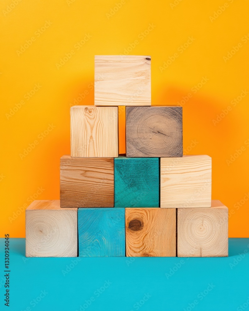 Poster minimalist geometric strategy vibrant wooden block pyramid showcasing creative problem-solving, desi