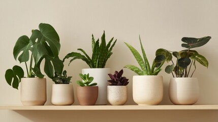 Fototapeta premium Contemporary botanical display on light wood floating shelf, monstera plants with fenestrated leaves, variegated spider plant in white ceramic vessel, burgundy foliage plant in clay pot, tiny
