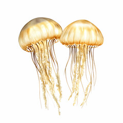 Two jellyfish with long tentacles are floating in the air