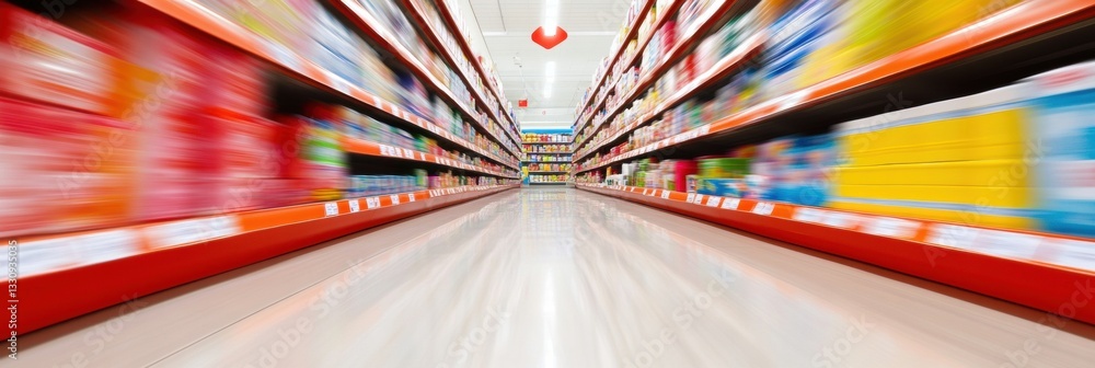 Poster Dynamic Retail Perspective Hyper-Efficient Supermarket Aisle Design Showcasing Consumer Experience Evolution with Immersive Motion Blur Branding Strategy
