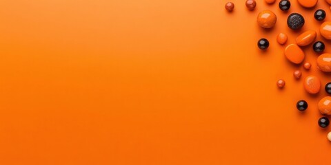 Fototapeta premium Vibrant Minimalist Halloween Party Concept Monochromatic Orange Background with Glossy Candy Spheres - Trendy Event Design and Creative Styling Inspiration