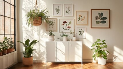 Modern botanical gallery wall featuring detailed flower studies in harmonized frames, minimalist white storage cabinet with clean lines, artisanal wooden lamp with woven shade, boston fern in hanging