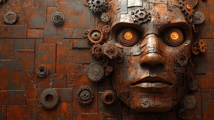 Naklejka premium Steampunk-inspired 3D render of an ancient Olmec colossal head.Ancient, Mayan, stone, carving, face, sculpture, head, temple, ruin, history,Mayan head with glowing eyes on travel blogs,history websit
