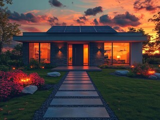 Fototapeta premium Modern House Design: Solar Roof, Sunset Views, Landscape