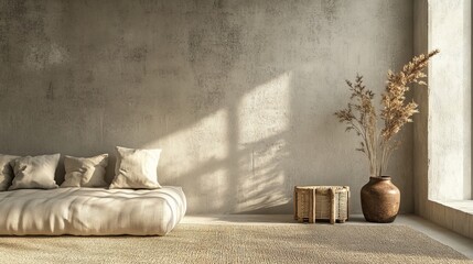 Contemporary wabi-sabi space showcasing minimalist floor sofa in undyed cotton, chunky woven jute carpet, deliberately imperfect ceramic water vessel, small wooden stool with exposed joinery, dried