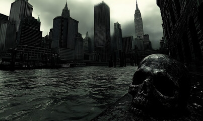 Eerie monochrome cityscape with a skull in the foreground, suggesting themes of mortality and urban decay.