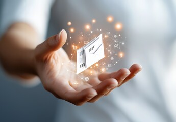Woman's Hand Gently Holding Glowing Digital Emails