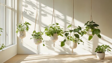 Fototapeta premium A modern minimalist living room setting with a collection of macrame-hanging plant holders in natural beige cotton, suspended at varying heights from a white ceiling, featuring lush Monstera