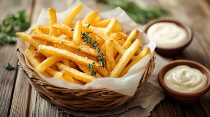 Golden French Fries in a Basket with Creamy Dips