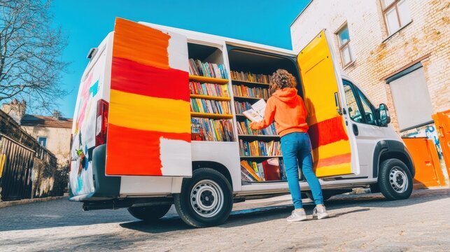 Urban Literacy Revival Vibrant Mobile Library Van Empowering Community Learning Through Innovative Digital-Age Education Access for Diverse Neighborhoods