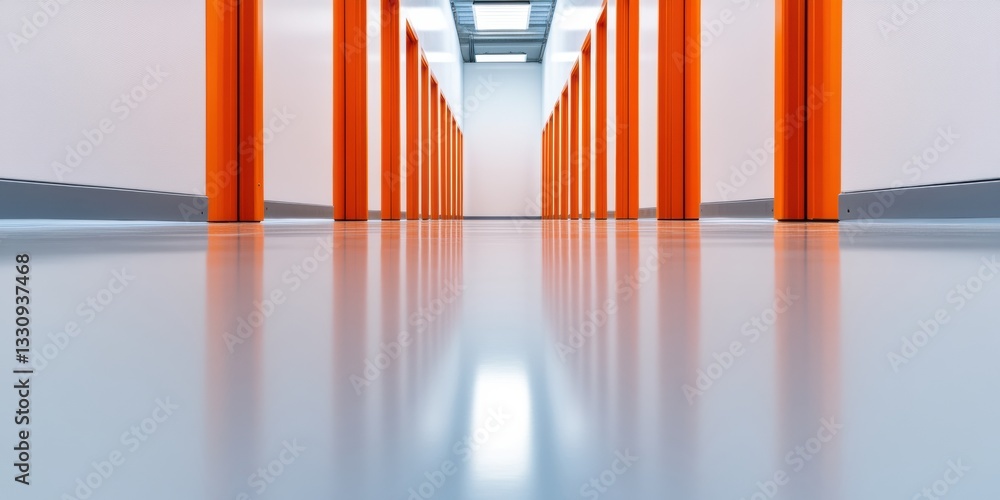 Poster minimalist tech innovation corridor sleek orange architectural perspective showcasing future-forward