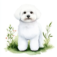 Obraz premium Adorable fluffy white dog standing in vibrant green grass and flowers