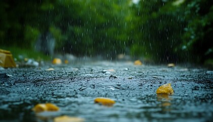 Fototapeta premium Rain falls on a street in forest.