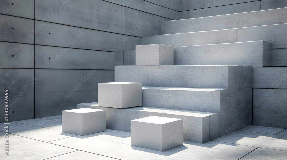 Poster minimalist concrete architecture showcasing a stair-like structure with cubic platforms, ideal for p