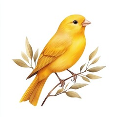Bright Yellow Bird on Branch with Leaves in Soft Illustrated Style