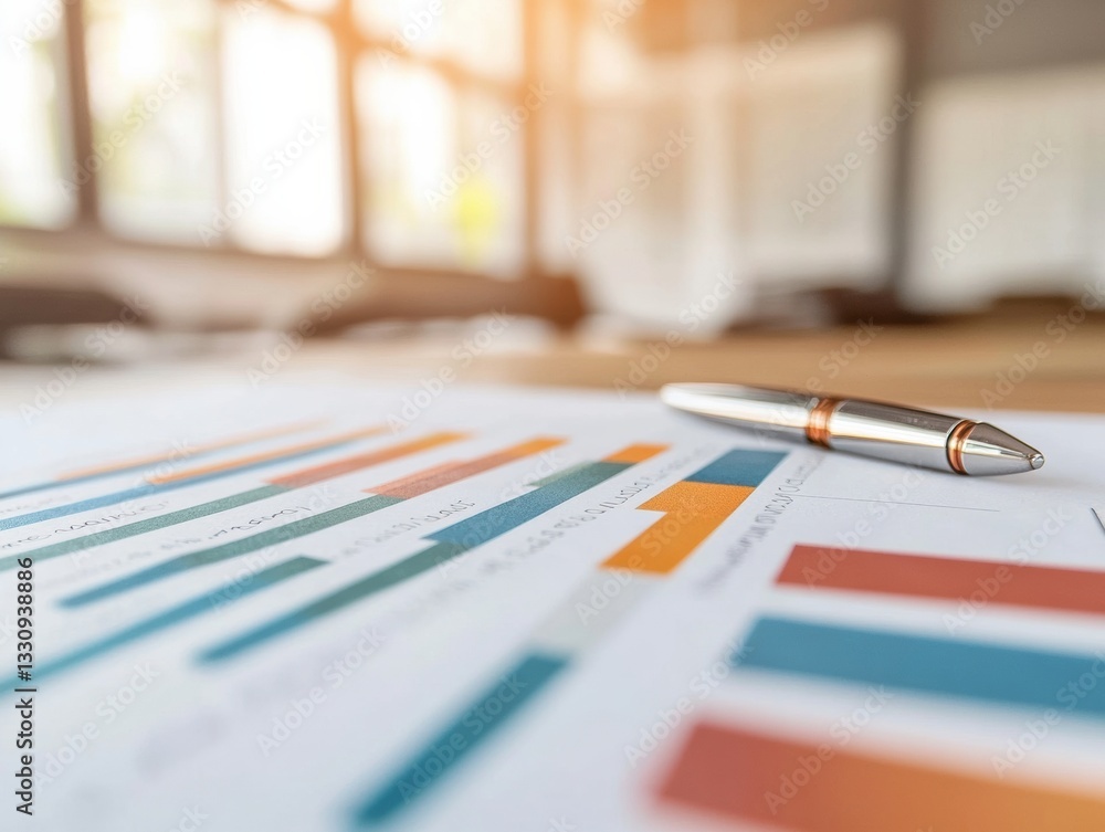 Aufkleber Minimalist Financial Analytics Sleek Metallic Pen on Vibrant Data Visualization - Modern Business Intelligence and Strategic Performance Insights