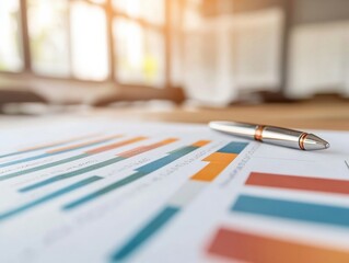 Fototapeta premium Minimalist Financial Analytics Sleek Metallic Pen on Vibrant Data Visualization - Modern Business Intelligence and Strategic Performance Insights