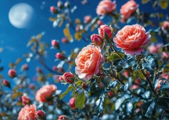 Vibrant Pink Roses Against a Bright Blue Sky. Summer Garden Beauty. Perfect for florist websites, gardening blogs, event decor businesses, greeting card companies, wedding planners