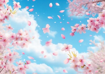 Fototapeta premium Delicate cherry blossom branches in full bloom set against a vivid blue sky with fluffy white clouds. Ideal for spring themes, nature backgrounds, floral designs, and seasonal projects.