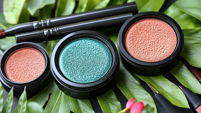 Tropical Makeup: Eyeshadows and Brushes on Lush Green Leaves