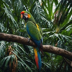 A majestic parrot perched on a tree branch in a tropical rainforest.