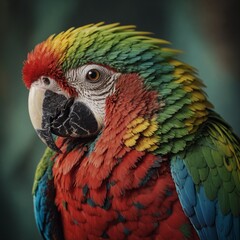 A close-up portrait of a colorful parrot with intricate feather details.
