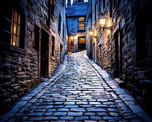 Cobblestone Alley at Night with Warm Lantern Glow in Historic Town