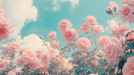 Elegant pink roses in full bloom set against a vibrant blue sky with soft white clouds. Perfect for floral themes, nature photography, romantic backgrounds, and gardening projects.