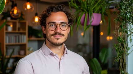 Fototapeta premium Envision a thriving young entrepreneur, radiating warmth and confidence His genuine smile embodies success, a testament to dedication and passion Surrounded by an ambiance of clean, modern design