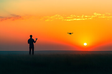 Fototapeta premium Man Piloting a Drone with a Remote, Framed by a Colorful Sunset