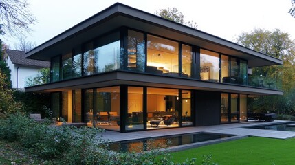 Fototapeta premium Modern Glass House Surrounded by Nature and Greenery at Dusk