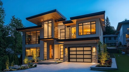 Fototapeta premium Modern Contemporary Home Exterior at Twilight with Warm Lighting