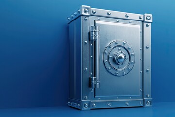A 3D icon of a safe vault on a blue background. Side view 