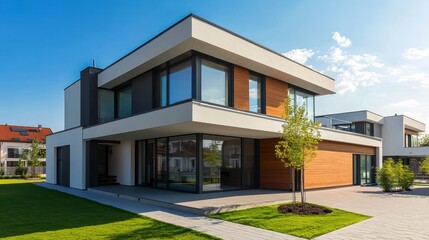 Fototapeta premium Modern Architectural Home with Large Windows and Clear Sky