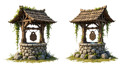 Rustic stone wishing well with wooden roof and ivy decoration medieval fantasy design PNG Image