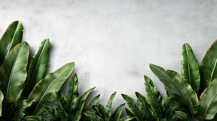 Lush tropical leaves frame a textured grey concrete background, creating a vibrant, natural border. Ideal for design projects, websites, and social media.
