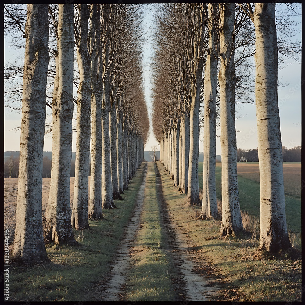 Poster symmetrical tree-lined dirt path extending into the horizon, surrounded by grassy terrain under a cl