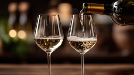 Two wine glasses with white wine being poured, embodying elegance and simplicity in a timeless moment.