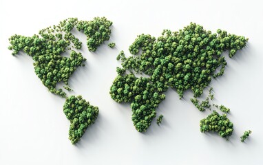Detailed world map made of green trees and forests, isolated on solid white background, Earth Day concept, nature conservation
