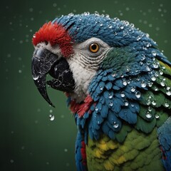 A highly detailed, hyper-realistic parrot with water droplets on its feathers.