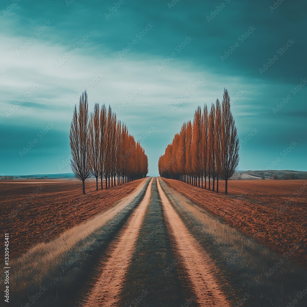 Poster symmetrical tree-lined dirt path extending into the horizon, surrounded by grassy terrain under a cl