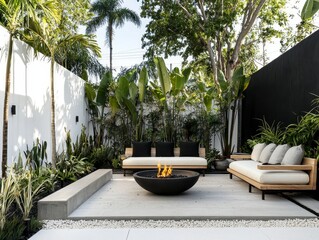 Modern Outdoor Lounge with Fire Pit Surrounded by Lush Greenery