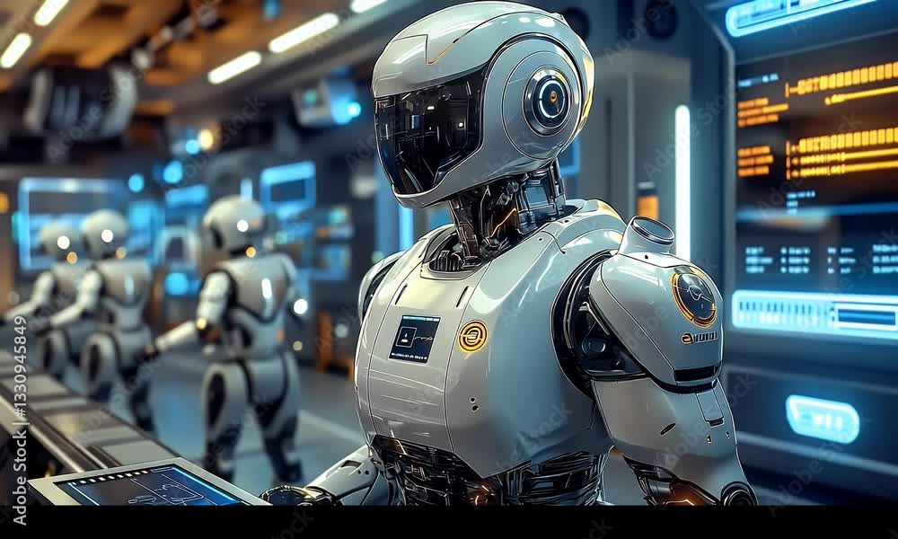 Fototapete Futuristic robots in a high-tech facility.  Automated work environment.  Advanced technology, precision, and efficiency