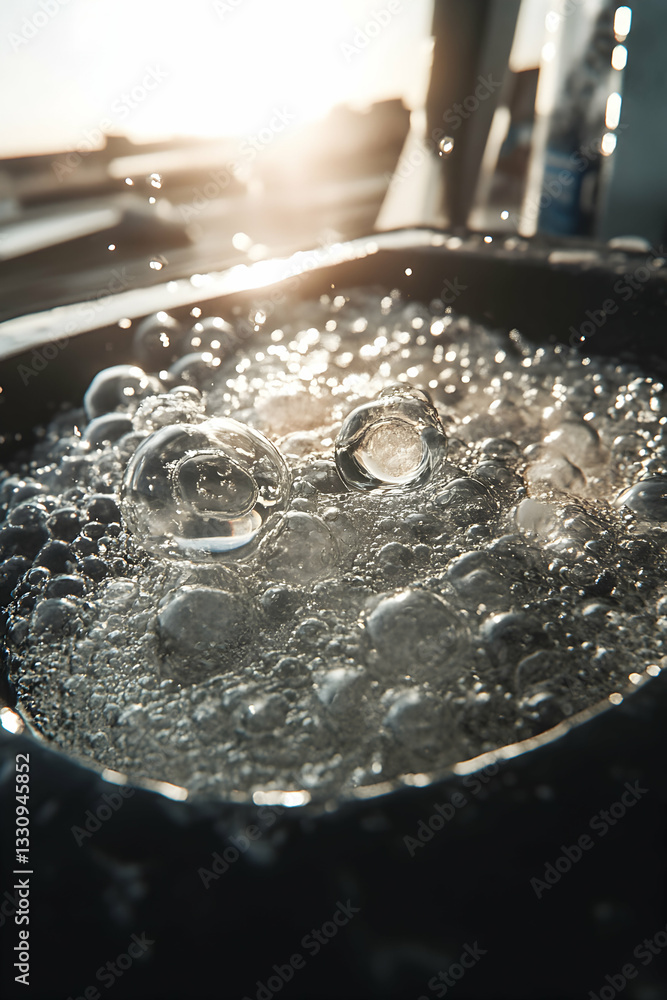 Poster close-up of bubbling water, backlit by sunlight, creating a vibrant and textured image ideal for con